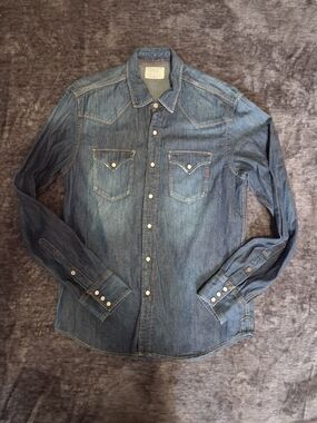 REPLAY Blue Denim Dark Wash Pearl Snap Long Sleeve Shirt Mens Size L